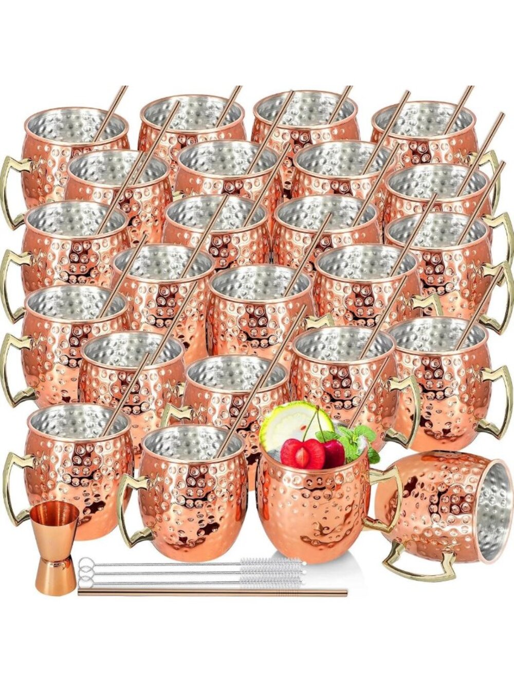 Set of 24 Copper Moscow Mule Mugs - 18oz Hammered Steel Cups + Jigger & Straws